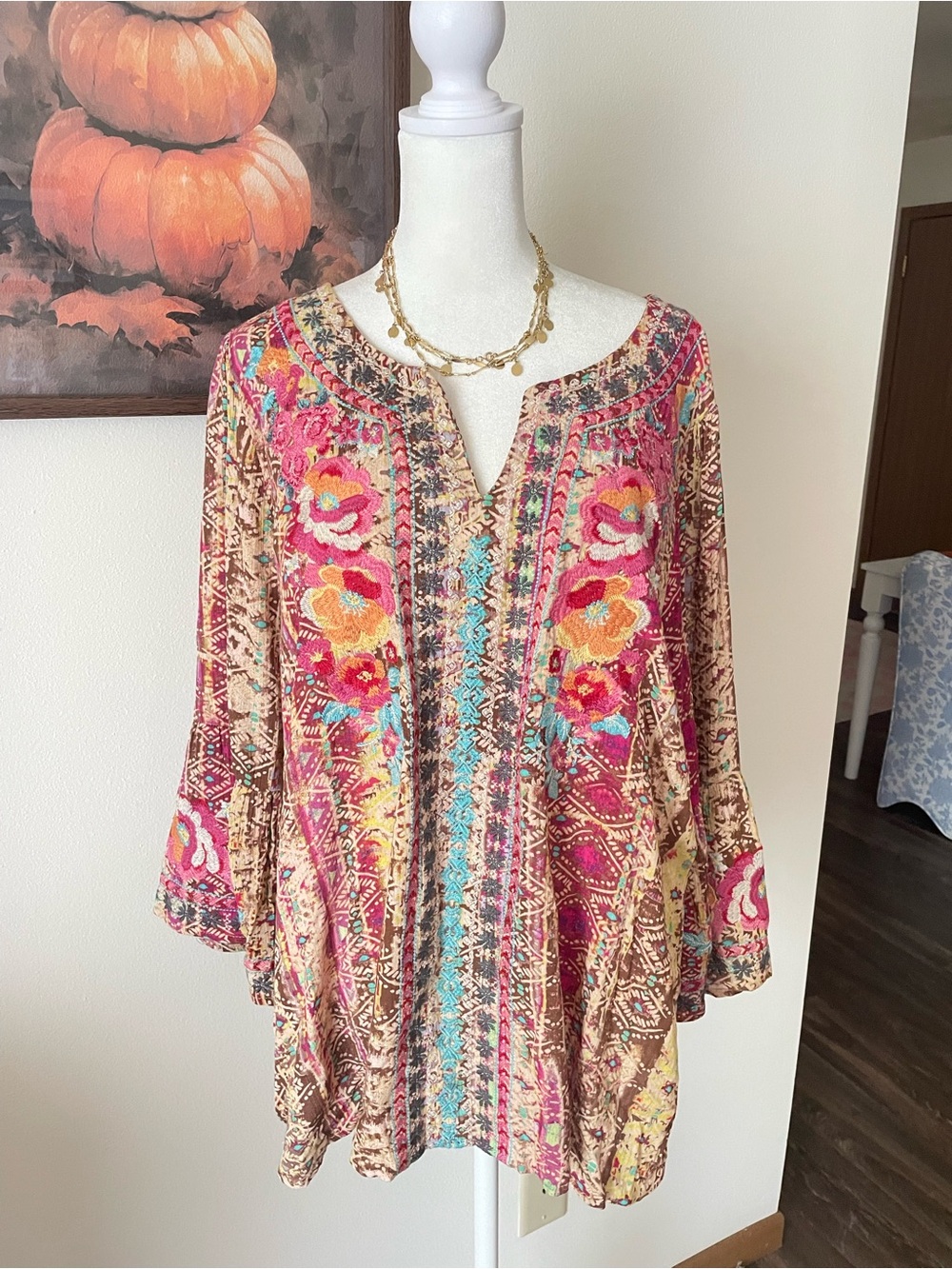 Savanna Jane Printed Floral Embroidered Bell Sleeve Tunic Blouse Top Boho Large